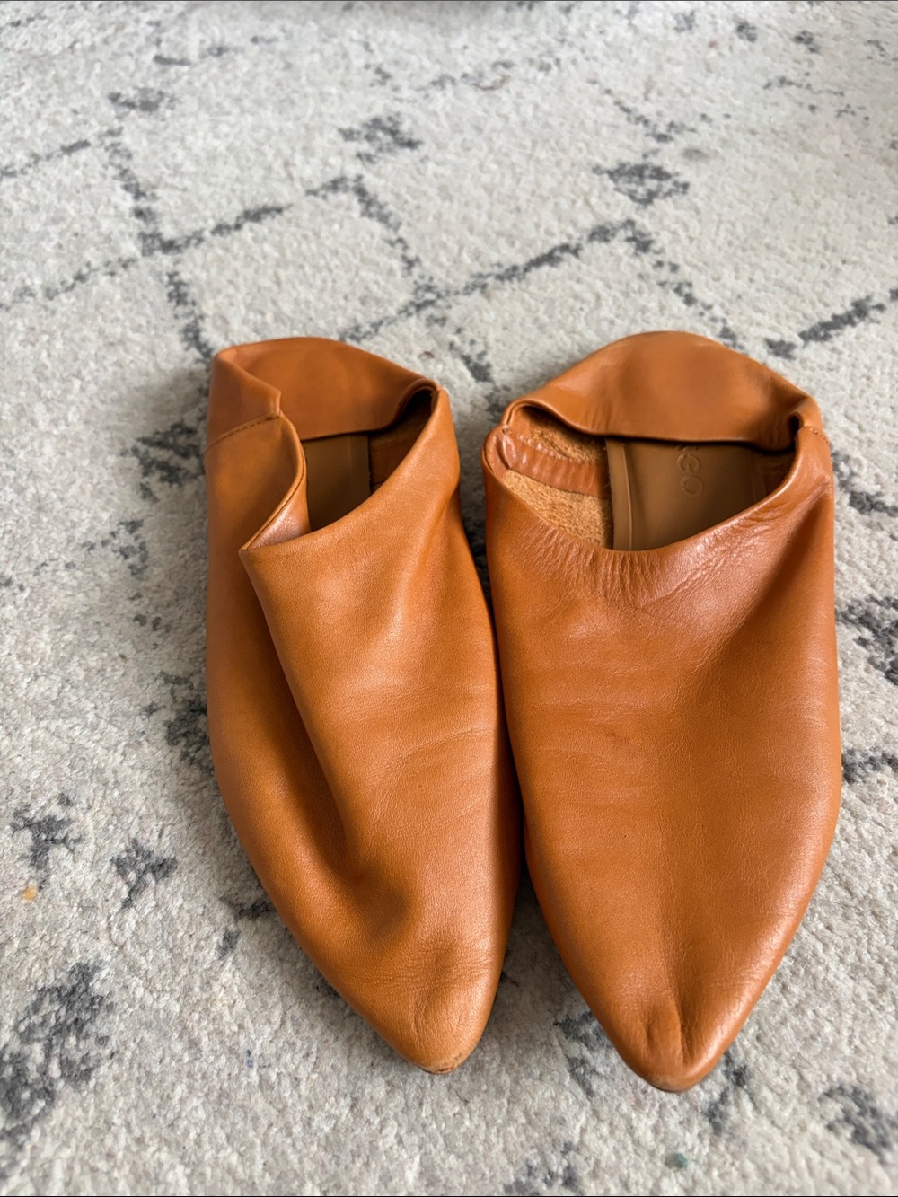 Mango Leather Pointed Toe Slip-On Flats in Cognac Brown